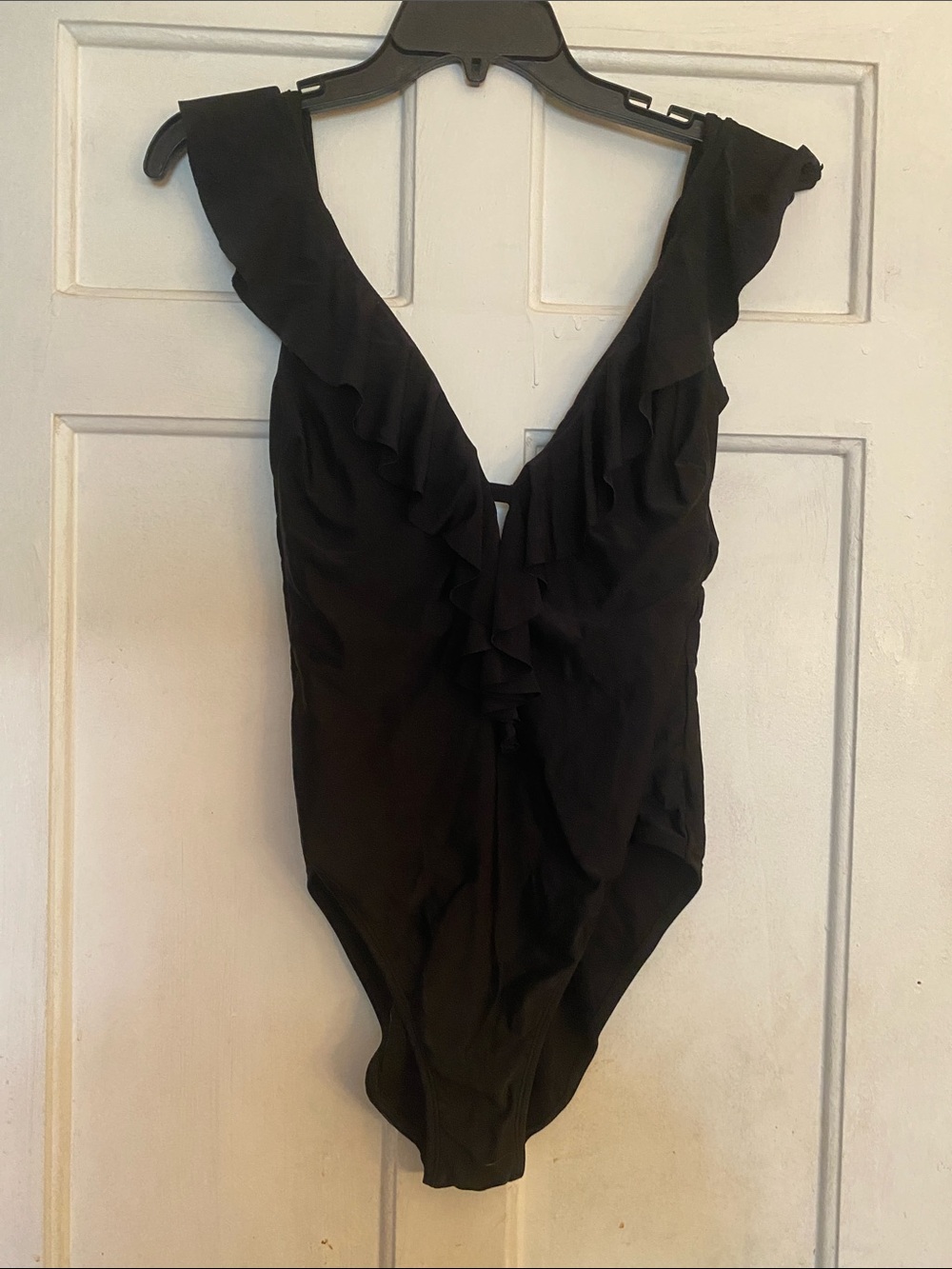 White House Black Market Black Ruffle One-Piece Swimsuit.  Size S